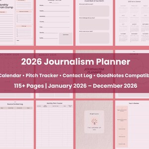 Può includere: Un 2026 Journalism Planner rosa e bianco con varie pagine di pianificazione. Il planner include un calendario, un pitch tracker, un registro dei contatti ed è compatibile con GoodNotes. La copertina presenta il testo "2026 Journalism Planner".