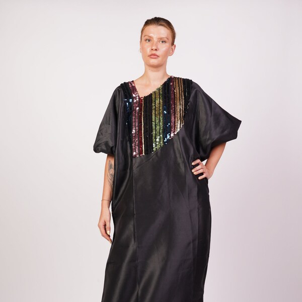 Schwarzes Pailletten-Boubou-Afrikanischer Kaftan-langes Kleid