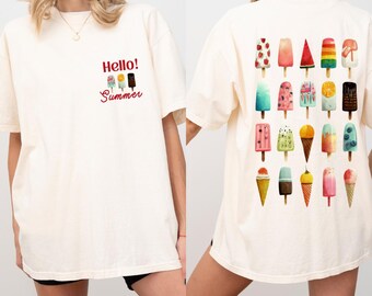 Hello Summer Ice Cream T-Shirt, Unisex Tee Shirt, Vintage Washed Top, Soft Cotton Tee, Beach Vacation Shirt, Graphic Print Tee