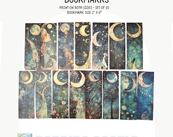 Celestial Dreamy Whimsical Bookmarks, Matte Finished Print on Both Sides, Set of 15