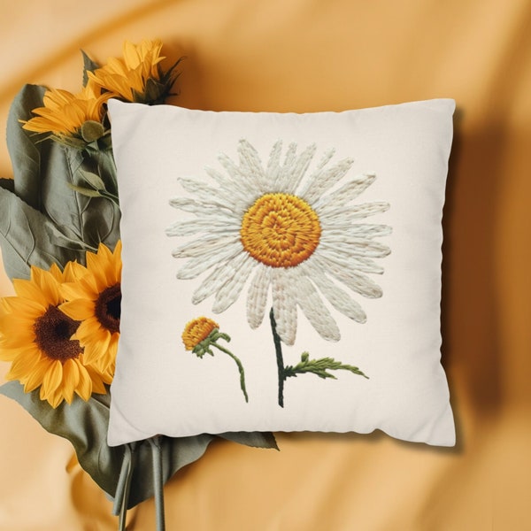 Printed Embroidery Daisy Pillow Cover Gifts for Grandma, Square Throw Cushion Case, Faux Embroidered Wildflower Yellow White Daisies Flower
