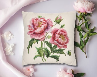 Printed Embroidery Peony Pillow Cover Gifts for Grandma, Square Throw Cushion Cases, Faux Embroidered Pink Peonies Flowers Garden Enthusiast