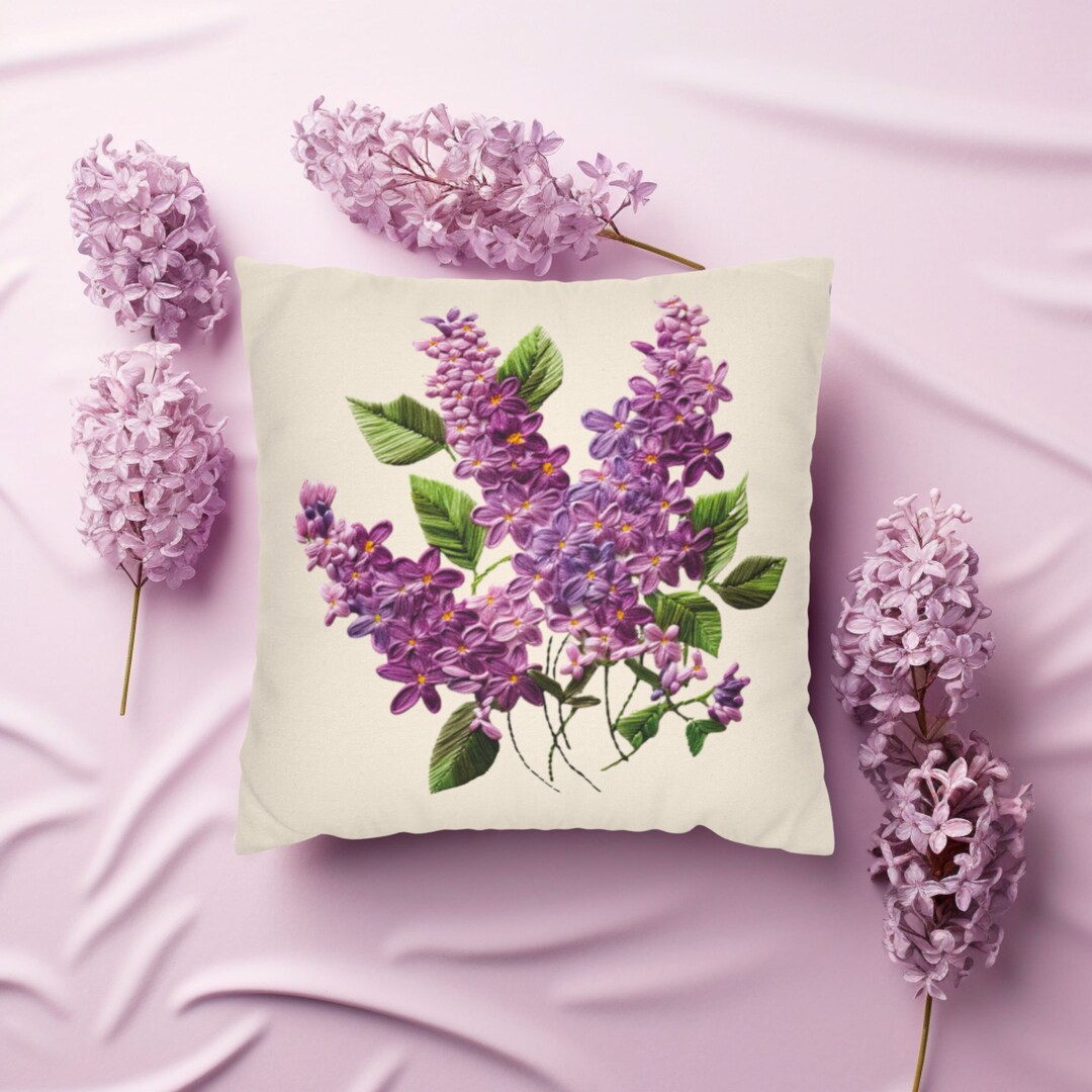 Printed Embroidery Lilacs Pillow Cover Gifts for Grandmas, Square Throw