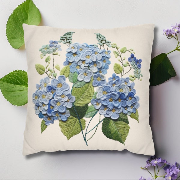 Printed Embroidery Hydrangea Pillow Cover Gifts for Grandmas, Square Throw Cushion Cases, Faux Embroidered Bright Blue Flowers Garden Lovers