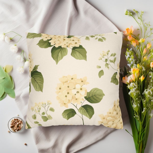 Hydrangea Floral Pillow Cover Decorative Gifts Square Throw Cushion White Flowers Garden Vintage Living Cottagecore Grandmillennial Decor