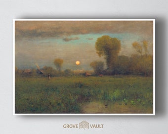 Printable Vintage solitude Wall Art | Dark Muted Digital Art Prints | Farmhouse Fields Landscape Painting | Rural Spring Countryside