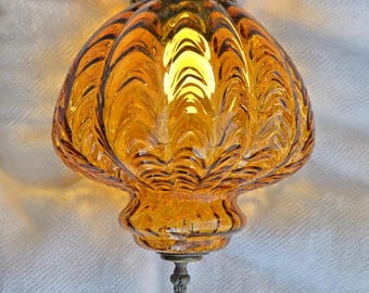 Vintage MCM Amber Glass Swag Lamp • Mid Century Hanging Light • Retro • 1960s Hollywood Regency