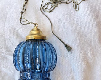 Vintage Blue Glass Swag Lamp • MCM Hanging Pendant Light • Brass Hardware