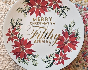 Bord Merry Christmas Ya Filthy Animal – Bord voor grappige feestdagen – Geüpcycleerde vintage muurkunst