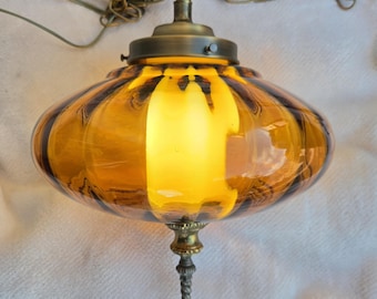 Vintage MCM Amber Glass Swag Lamp • Mid Century Hanging Light • Retro • 1960s Hollywood Regency