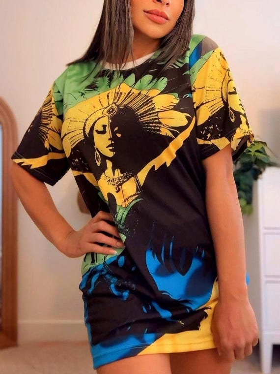 Brazilian Carnival T-Shirt Costume Brazilian Flag Colors Green Yellow Blue Feathers Headdress Brazil Souvenir Dancer Gift Vibrant Fashion