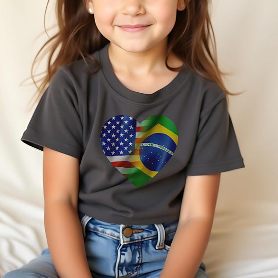 Brazil USA Heart Flag Kids T-Shirt: Bicultural Pride Tee