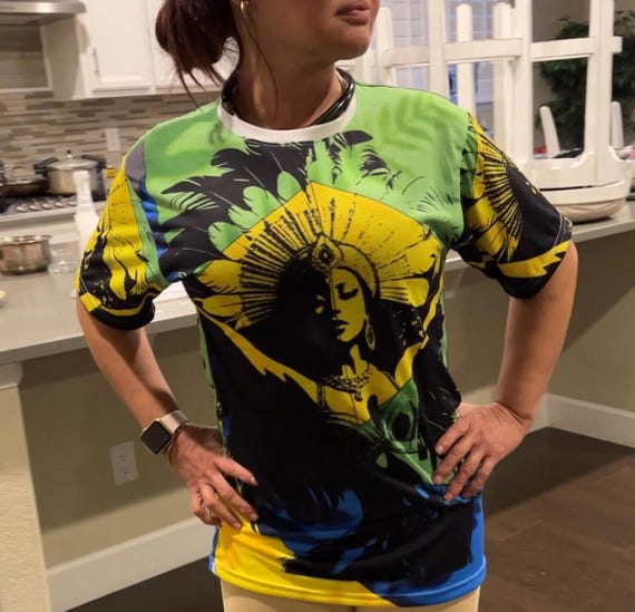 Brazilian Carnival Dancer Graphic T-Shirt Green Yellow Blue
