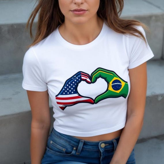 Baby Tee, USA Brazil Heart Hands, Cropped Graphic Top
