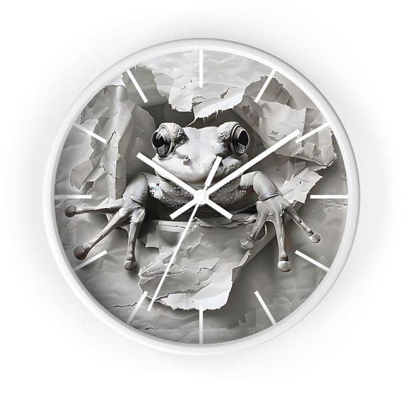 3D Frog Wall Clock, White Frame, Unique Home Decor