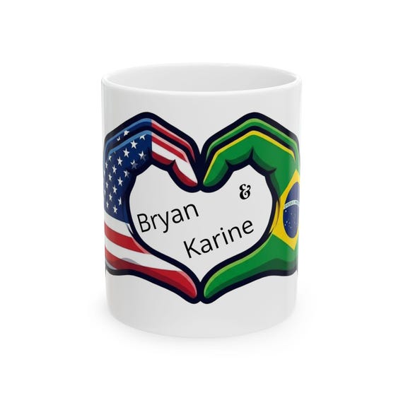 Ceramic Mug Personalized USA & Brazil Heart Hands (Bryan Karine)
