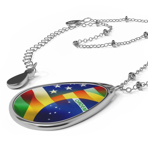 USA Brazil Flag Oval Pendant Necklace, International Love Jewelry, Cross Culture Couple Gift