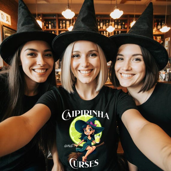 Caipirinha and Curses Witch Brazil cocktail halloween party t-shirt cute witch on broom caipirinha drink graphic spooky halloween shirt