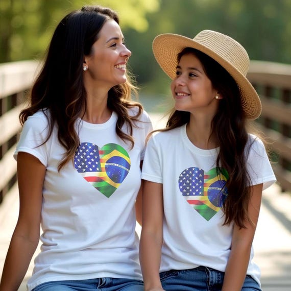 Brazilian American Heart Flag Kids Shirt: Celebrate Cultural Pride with Cute Youth Tee for July 4th