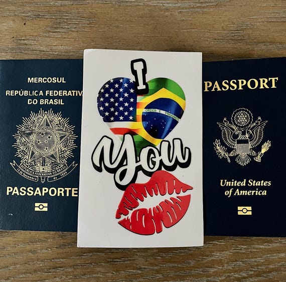 Dia dos Namorados Romance Sticker - I Heart You with American and Brazilian Flags, Red Lips, and Two Passport Design for Multicultural Love