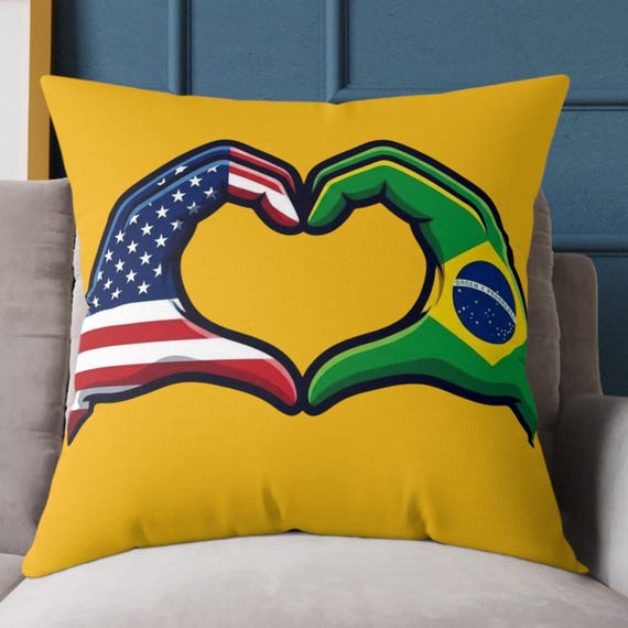 American Brazil Heart Pillow Flag Hands Decorative Throw Cushion