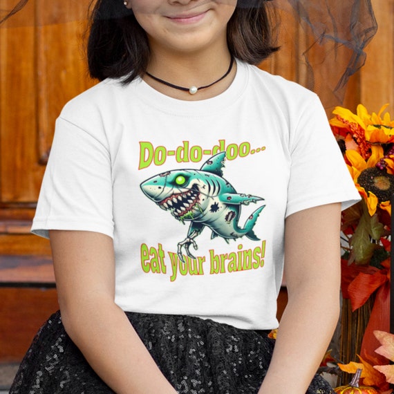 Zombie Shark Kids T-Shirt - Spooky "Eat Your Brains" Halloween Tee for Little Thrill Seekers