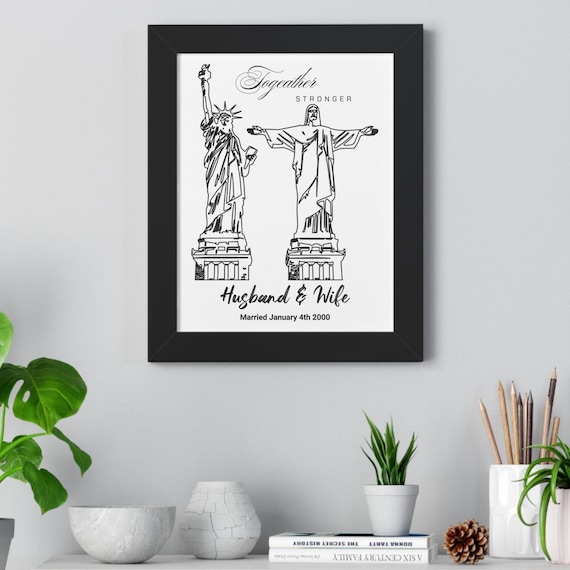 Personalized Brazil and American Couple Art: Framed Wedding Gift with Custom Date for Newlyweds