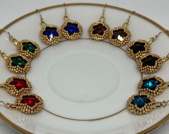 Regal mini star earrings beaded bezel crystal round petite dangle earring jewel tones