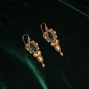 Vintage style marquise earrings | handmade beaded navette crystal dangle earring green gold