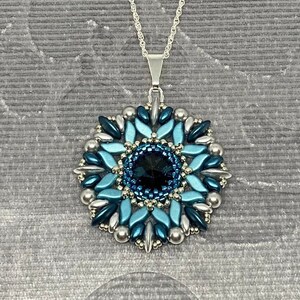 Stella pendant teal silver | Handmade beaded round snowflake sunburst star crystal medallion necklace blue grey
