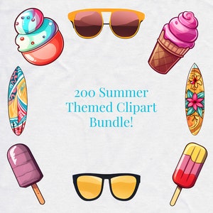 Summer Clipart Mega Bundle: Ice Cream, Popsicles, Sunglasses, Surfboards - 200 PNG Images