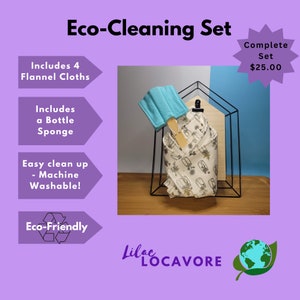 May include: Eco-friendly cleaning set with four flannel cloths, a bottle sponge, and a blue cleaning cloth. The set is displayed in a black wire frame and is labeled "Complete Set $25.00".