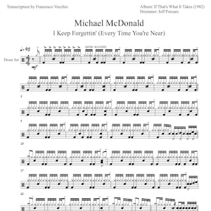Puede incluir: Una transcripcion de partitura de batería para la canción "I Keep Forgettin' (Every Time You're Near)" de Michael McDonald. La partitura es para una batería e incluye el tempo, la firma de compás y la notación de batería. La canción es del álbum "If That's What It Takes" de Jeff Porcaro.