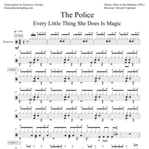 May include: A sheet music score for the song "Every Little Thing She Does Is Magic" by The Police. The score includes the drum part, with notes and symbols indicating the rhythm and timing of the drums. The score is written in standard musical notation.