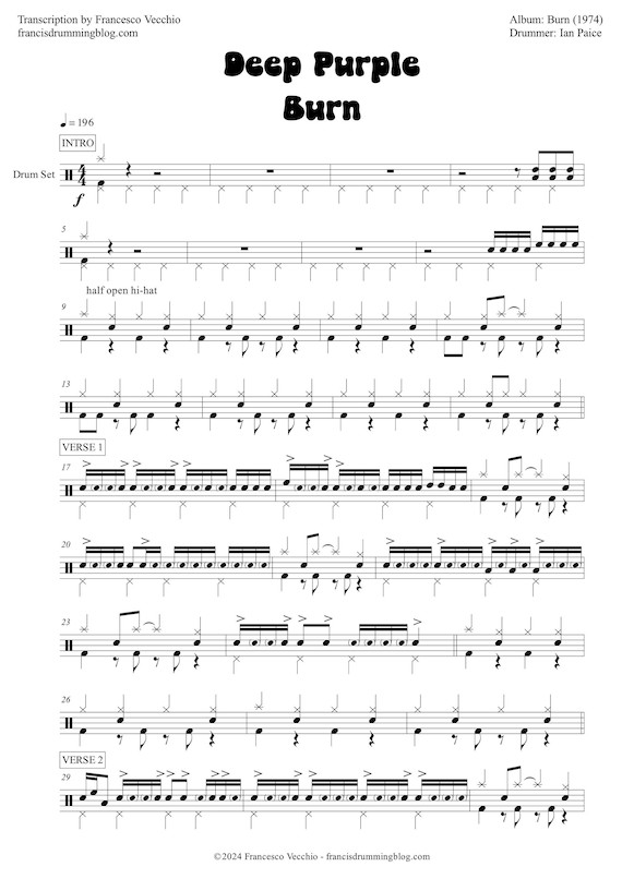 Deep Purple - Burn (drum Sheet Music) - Etsy