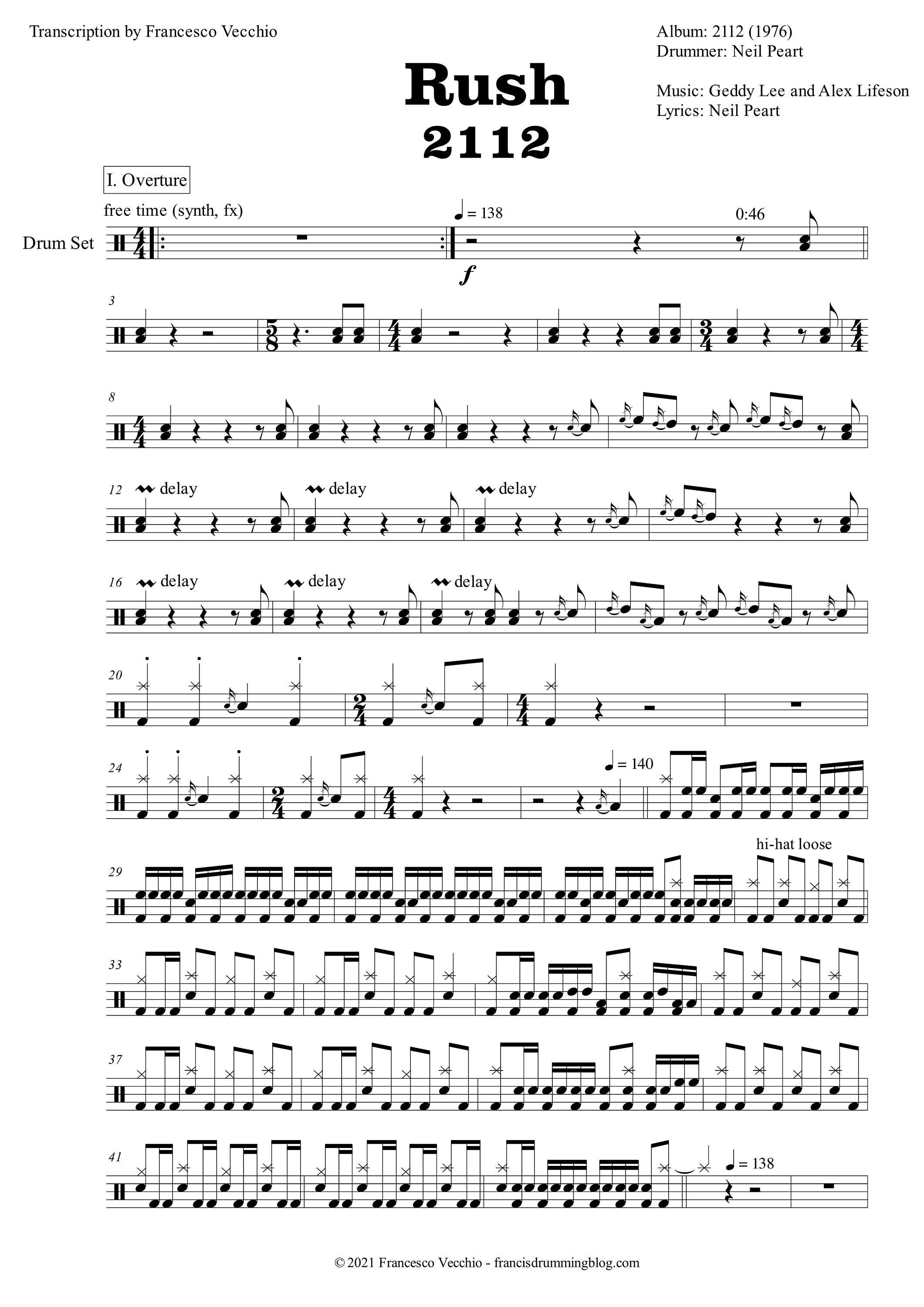 Rush 2112 drum Sheet Music - Etsy