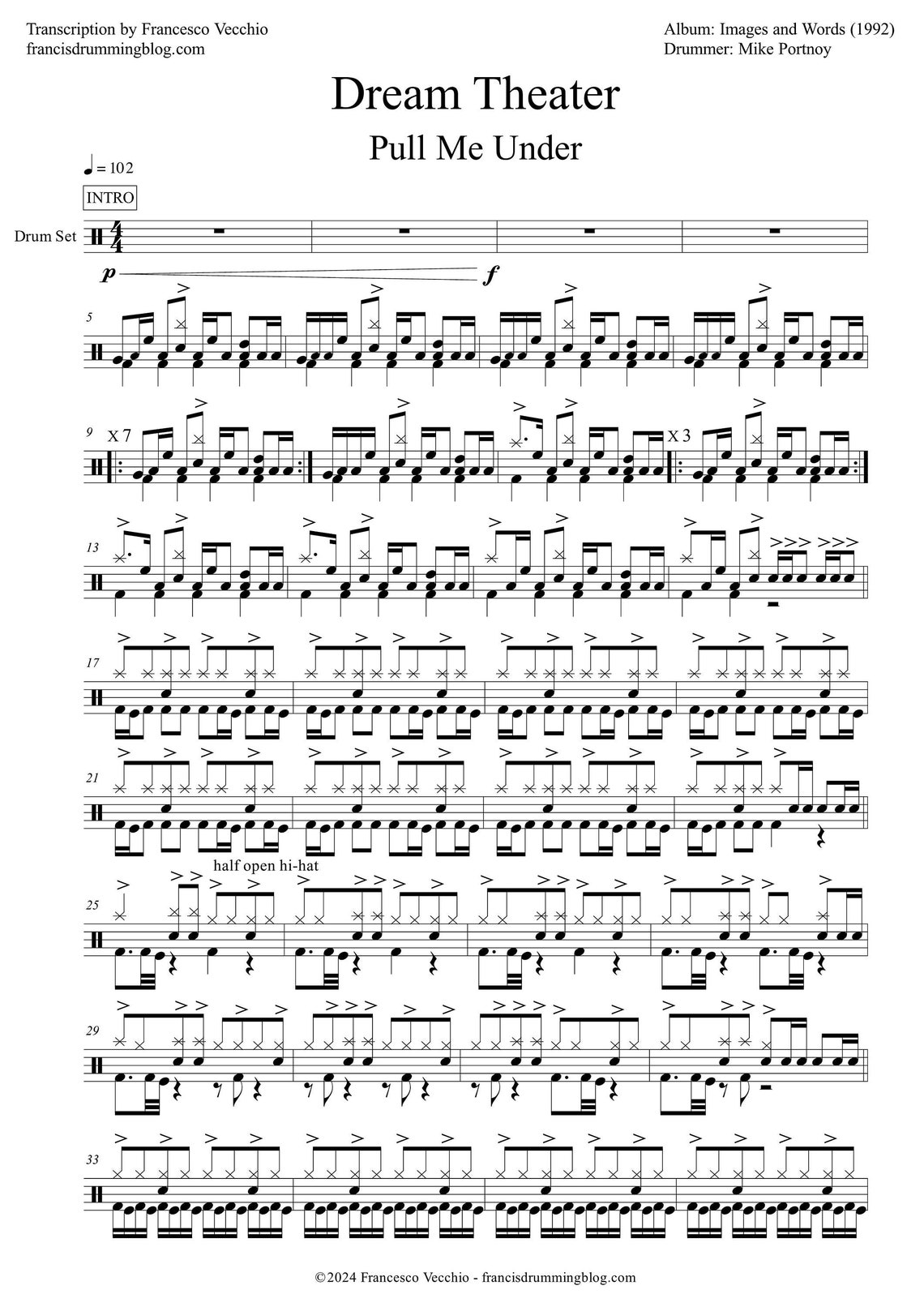 Dream Theater Pull Me Under Drum Sheet Music Etsy