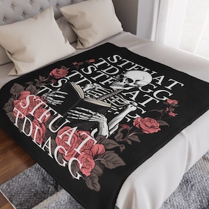 stfuattdlagg blanket, bookish blanket, macabre decor, reading blanket, goth blanket, gift for reader