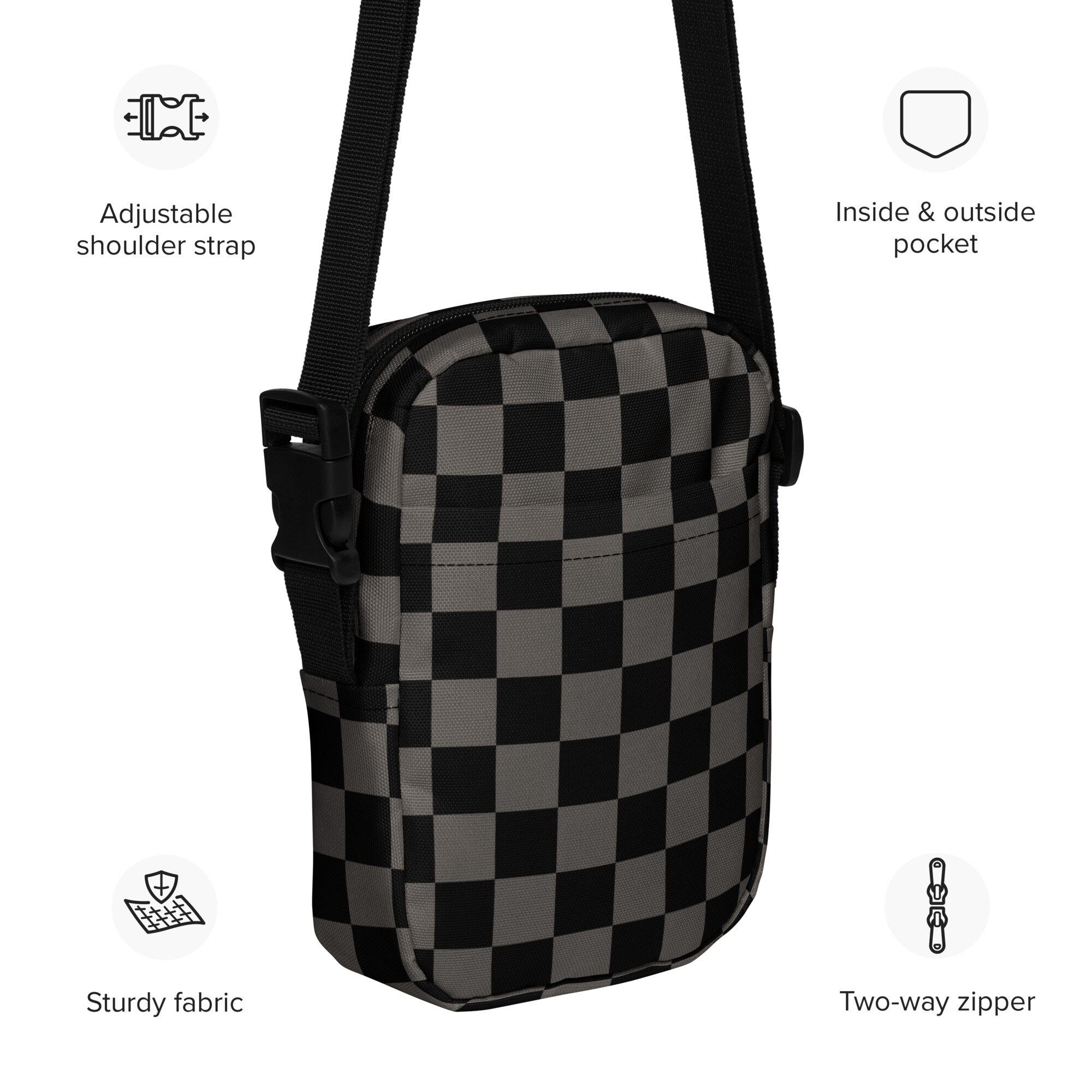 Black and Grey Checkered Crossbody Bag, Elder Emo Tote Bag