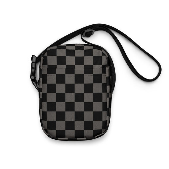【typeservice】Checkered Button Pocket Bag Black and Grey Checkered Crossbody Bag, Elder Emo Tote Bag