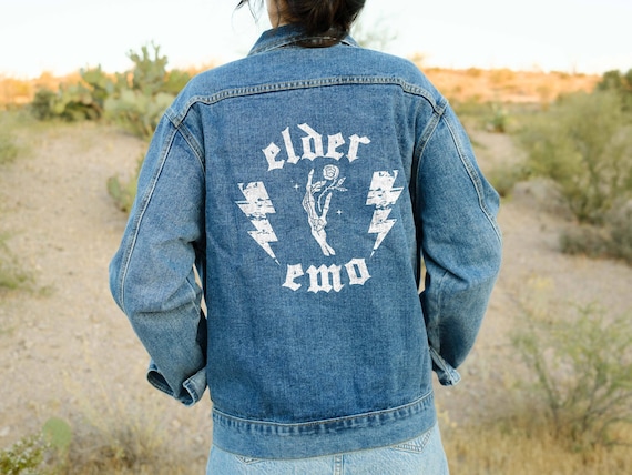【Heather】 Denim Assort Jacket Elder Emo Denim Jacket, Elder Emo Jacket, Printed Denim