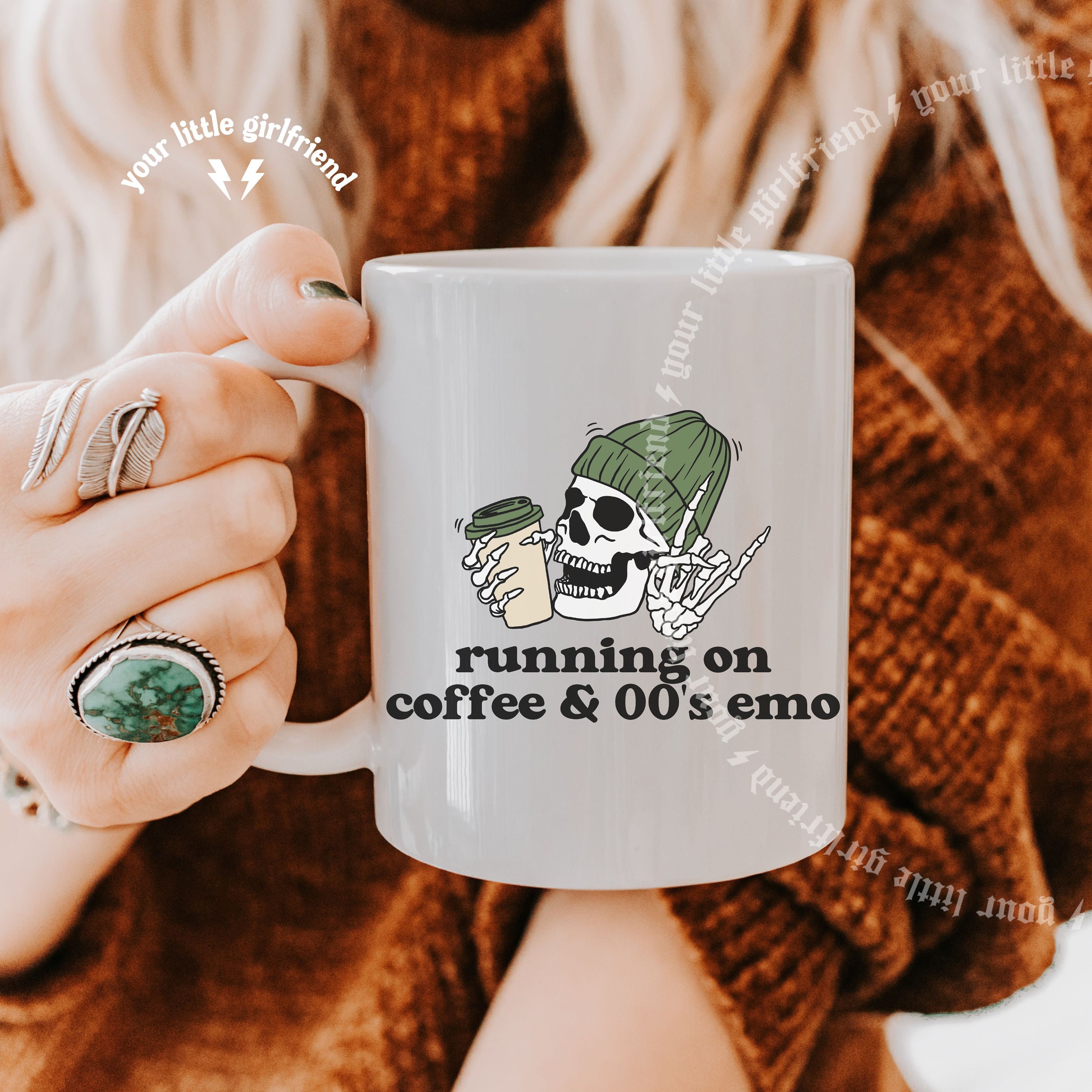 running on coffee and 00s emo mug, elder emo mug, skull mug, gift for elder emo, metalhead gift