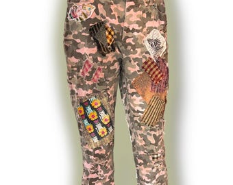 Upcycled Camo Jeans: Women's Patchwork Distressed Denim, Size 10