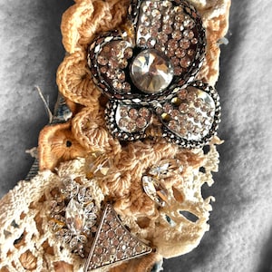 Salvaged Textile Vintage Cuff Steampunk Hippie Rhinestones Embellished Bracelet Sz 7.5”