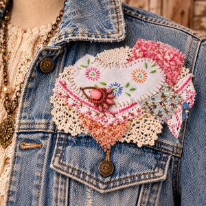Upcycled Slow Stitched Fabric College Patch, Embroiderd Flowers with Charm Embellishment, Handmade Denim Applique Patch,  Art Textile 5 x 9”
