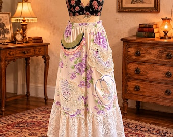 Pantalones palazzo estilo boho XXL reciclados / Pantalones con patchwork de encaje estilo cottagecore / Ropa romántica hecha a mano para festivales / Femenino