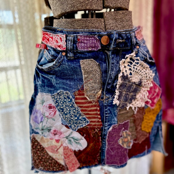 Size 4/Almost Famous/Distressed Patchwork Denim Skirt/Wearable Art/Boro Stitching/Short/Above the Knee/