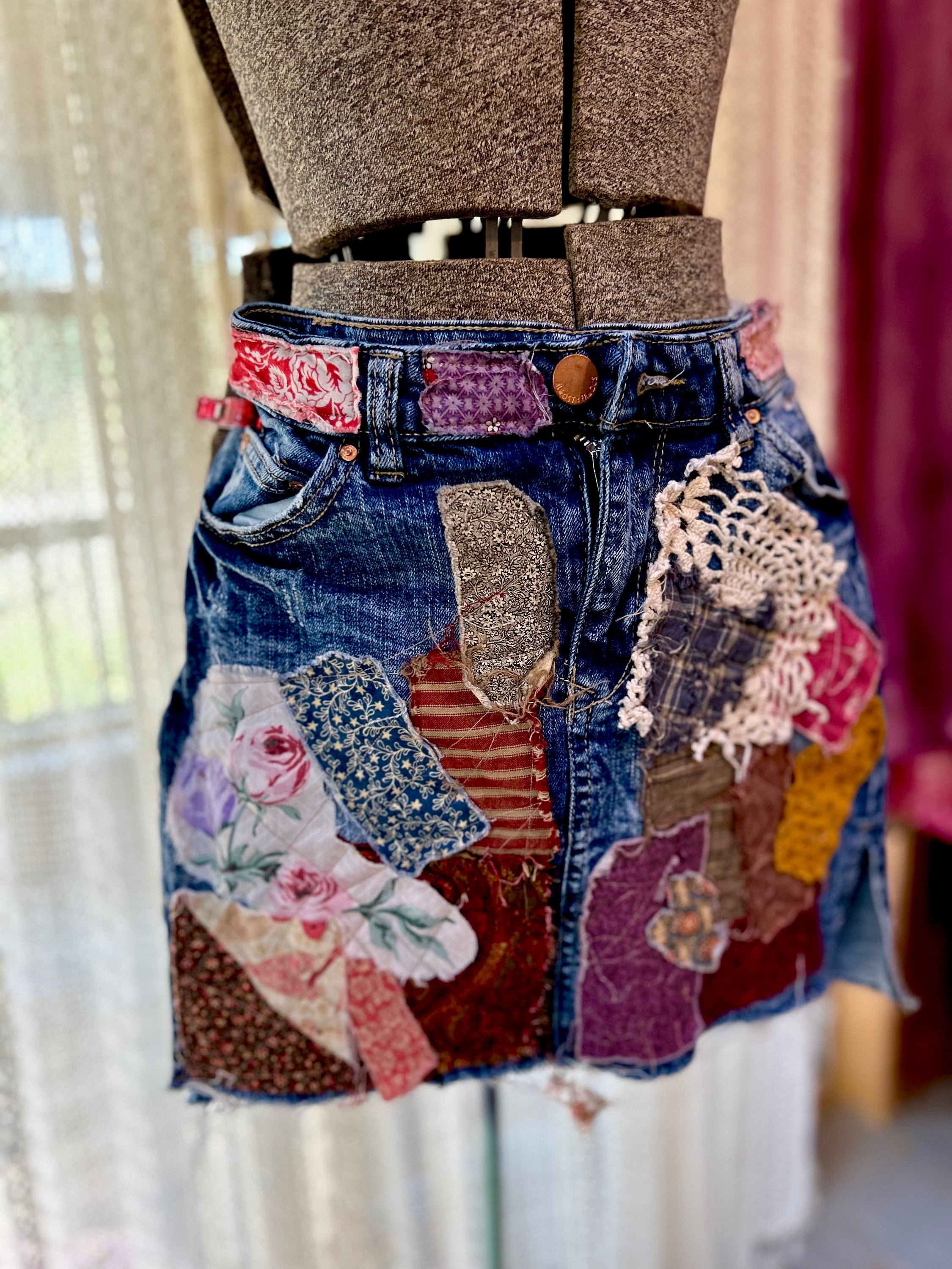Denim Patchwork Skirt - Etsy