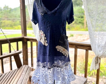 Upcycled Tshirt Dress BOHO Woman’s Distressed Heather Blue Cotton Shabby Chic Lots Lace And Floral Patchwork Embellished as Always Size M