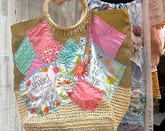 Patchwork Large Beach Bag Tote / Hippie BOHO Straw Bag / Women’s Upcycled Accessories